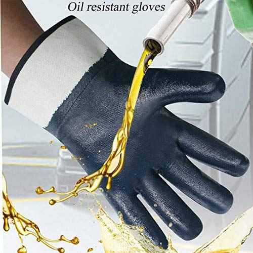Oil-resistant Gloves, Nitrile Rubber Fully Coated Cotton Safety Work Gloves, Acid And Alkali Resistant, Unisex Large Size, Blue, 12 Pair