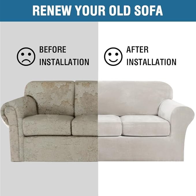 H.VERSAILTEX High Stretch Sofa Slipcover 4 Piece Cover Velvet Furniture Protector Form Fit Thick Velvet Extra Large Sofa Cover for 3 Cushion Couch Width Up to 97 Inch (Large Sofa, Oatmeal)