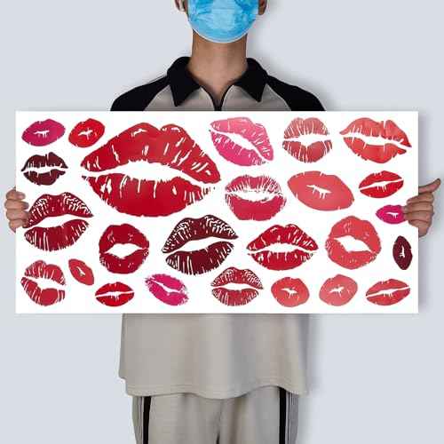 SUPERDANT Red Lips Wall Stickers 25PCS Large Size Kisses Stickers Self-Adhesive Vinyl Wall Art Decals Valentine's Day Trendy for Home Living Room Bedroom Girly Women's Teens Apartment Red Room Decor