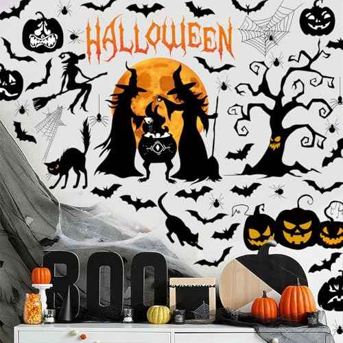 Halloween Window Clings,Halloween Witch Window Stickers,Pumpkin Ghost Wall Stickers,Pumpkin Bat Wall Decals,Spider Black Cat Decals,Tree Full Moon Decor for Party Home Room Office Kitchen