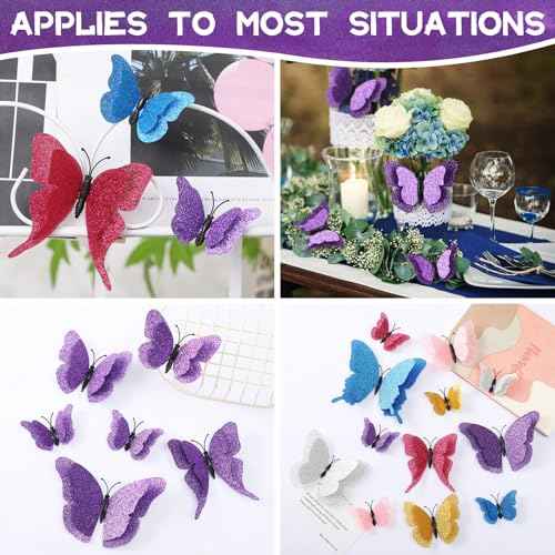 LiveGallery 36pcs Removable 3D Double Side Wings Butterfly Wall Stickers DIY Glittering Twinkle Butterflies Wall Decals Butterfly Wall Art Decor Decoration for Home Kids Bedroom Nursery (Purple)