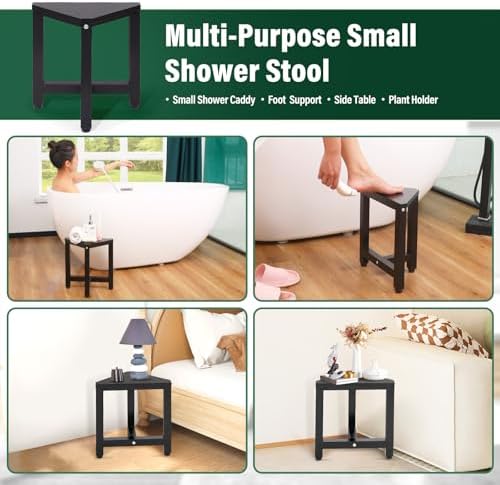 TYYIHUA Shower Foot Stool for Shaving Legs 13.2", Bamboo Shower Stool for Inside Shower, Corner Shower Foot Rest for Small Spaces, Waterproof Small Shower Bench for Bathroom, Black