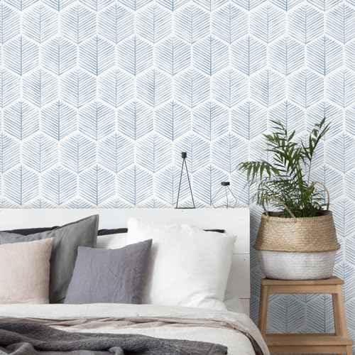 MelunMer Modern Peel and Stick Wallpaper Boho Contact Paper for Cabinets/Drawers 78.8In L 17.3In W Self Adhesive Removable Wallpaper for Bedroom/Bathroom Waterproof Geometric Contact Paper Blue/White