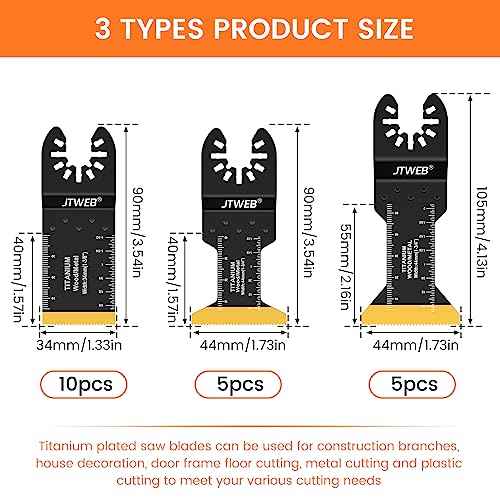 JTWEB 20PCS Titanium Oscillating Saw Blades Metal Cutting, Multitool Blades 3 Types Multi Tool Blades Kits Wood and Metal Nail Plastic Oscillating Tool Blade for Milwaukee Bosch Rockwell
