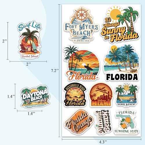 Florida State Travel Stickers 50 Pieces Vinyl Waterproof Decal for Laptop Water Bottle Phone Car Window Bike Motorcycle Stakeboard Scrapbook Floridas Sticker Gifts