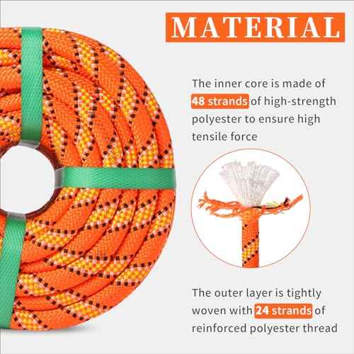 Arborist Rope Tree Rope Polyester Bull Rope (1/2in x 150ft) 48 Strands for Pull Swing Knot (Orange)