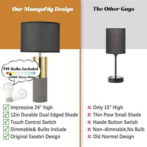 24" Tall Black Gold Set of 2 Nature Concrete Touch Control Table Lamps - 3-Way Dimmable Contemporary Modern Bedside Nightstand for Large End Table Living Room - Bulb Included