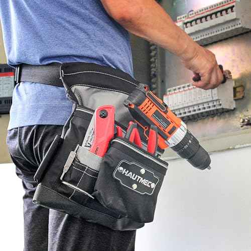 HAUTMEC Heavy Duty Framing Tool Belt Electrician Tools Pouch Organizer Work Belts, 12-Pocket 1680D Tool Bag with Waist Strap Hammer Holder and 360¡ÆReflective Strips, Black & Gray