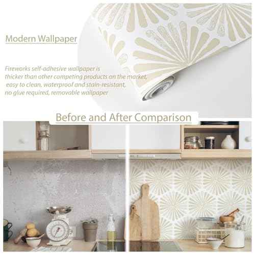 Naphite Modern Peel and Stick Wallpaper Boho Contact Paper Self Adhesive Removable Wallpaper for Bathroom Waterproof Geometric Contact Paper Cabinets Farmhouse Beige Striped Wall Decor 17.3inW 78.7inL