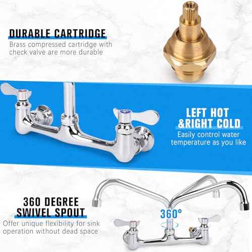 Wall Mount Kitchen Faucet 8" Center Commercial Sink Faucet with 12" Swivel Spout Dual Handles Brass Utility Sink Faucet for Laundry Room Restaurant Polish Chrome
