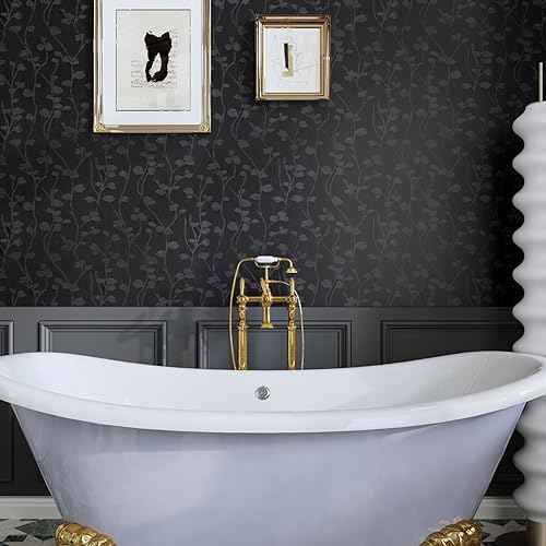 CRE8TIVE Black Wallpaper Peel and Stick Textured Embossed Silk Wallpaper 12"x80" Self Adhesive Black Contact Paper for Cabinets Waterproof Vinyl Roll Branch Leaf Removable Wall Paper for Bathroom Wall