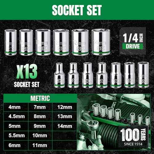 SK 1/4" Drive Socket Set, Metric Sockets, 13-Piece 4-14 mm, SuperKrome Finish, Premium CR-V Construction, with Aluminum Socket Organizer