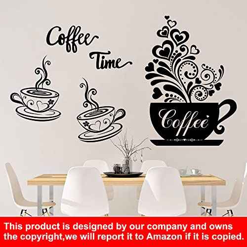 Vinyl Wall Decals - Kitchen Decor Stickers - Black Coffee & Tea Signs - Flower Wall Art - Removable DIY Coffee Sayings - Home Cafe Shop Bar Pub Office