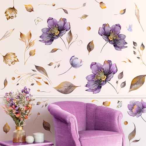 AM AMAONM Creative Removable Flowers Wall Decal DIY Floral with Plant Vine Wall Stickers 3D Peel and Stick Butterfly Wall Decor for Kids Little Girls Teens Bedroom Nursery Living Room Home (Purple)