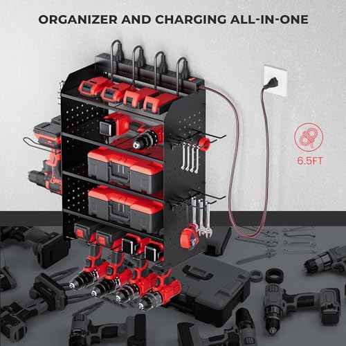 TRZZ Power Tool Organizer Wall Mount, 5-Layer Charging Station with 8 Outlets, 6 Drill Holders, 2 Side Pegboards, and Drill Bit Rack for Garage, Workbench, and Workshop (Black)