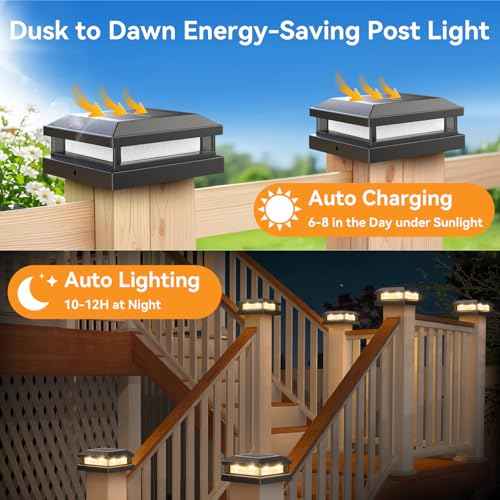 Solar Post Cap Lights Outdoor 12 Packs for 4x4 4.5x4.5 5x5 Vinyl/Wooden Posts, Waterproof Solar Powered Fence Post Light with Warm/Cool Lighting, Black 16LEDs Deck Cap Light for Garden, Patio, Porch
