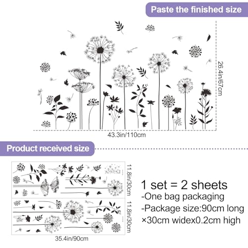 Black Flower Wall Decals Peel and Stick Simple Boho Flower Wall Sticker Wildflower Plants Dandelion Wall Decor Removable Vinyl Wall Mural for Girl Room Bedroom Living Room Home FX-C413