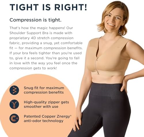 Tommie Copper Shoulder Support Compression Bra with Front Zipper Closure Wireless Posture Corrector & Back Support Bra UPF 50