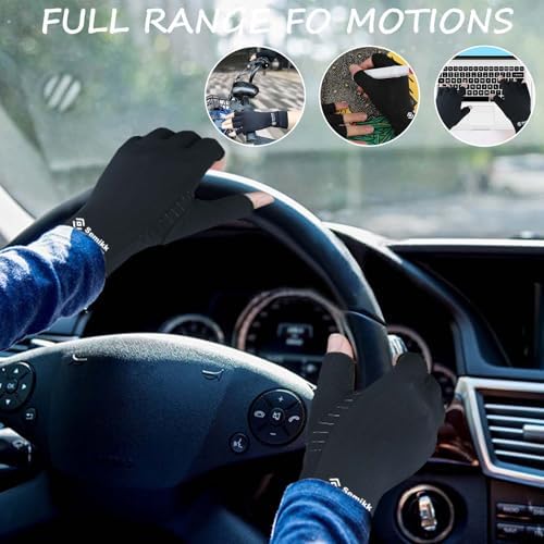 2 Pairs Compression Gloves for Women and Men, Fingerless Copper Arthritis Gloves for Rheumatoid Arthritis Osteoarthritis Carpal Tunnel, Hand Pain Relief and Support, Open Finger (Black, Large)