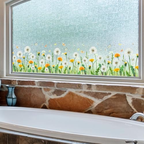 4 Sheets PVC Removable Dandelion Flower Wall Stickers, 40"¡¿10" Floral Decals for Bedroom, Kids Room, Bathroom, Classroom, Glass & Bulletin Boards, Double-Sided