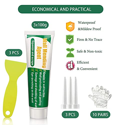 3 Pcs Wall Mending Agent Wall Repair Cream,Safe Mend Wall Repair Kit, Drywall Repair Kit with 3 Scraper,Quick Easy Solution to Fill The Holes and Crack in Wall Wood Plaster Surface (3 x100g)