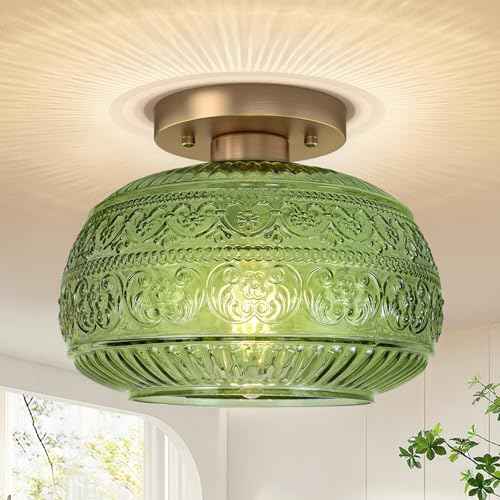 Semi Flush Mount Ceiling Light, Upgraded Modern Close to Ceiling Light Fixture with Green Glass,Gold Indoor Kitchen Lighting for Porch Corridor Hallway Bedroom, Bulb Not Included