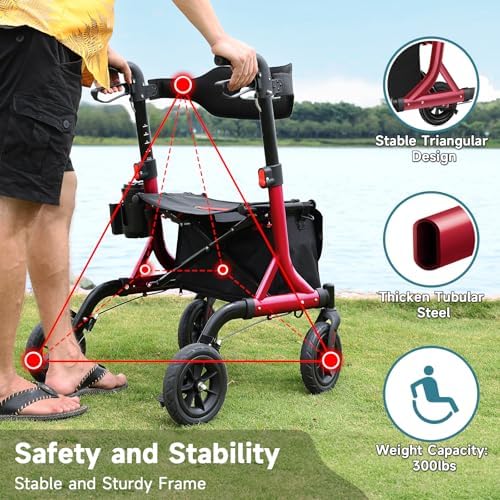 Walkers for Seniors, Rollator Walker with Seat, 8" Rubber Wheels All Terrain Rollator Walker with Backrest, Aluminum Walkers Built-in Cable, Foldable and Adjustable Height for Seniors, Red
