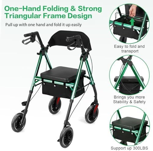 Amblisss Walkers for Seniors with Seat, Foldable Rollator Walkers, 300 lbs Weight Capacity, 8" Wheels Dual Height Ajustable, Rolling Walker with Seat for All-Terrain, Green