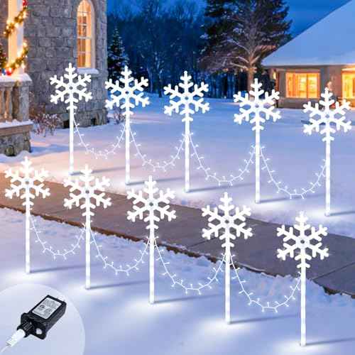 Christmas Snowflake Pathway Lights Outdoor 10 Pack Waterproof Snowflake Light 8 Lighting Modes Xmas Walkway Marker Lights LED Stake Sidewalk Light for Christmas Decorations Outdoor Garden Patio Yard