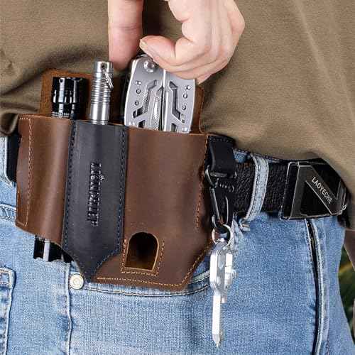 Leather Multitool Sheath,Handmade EDC Belt Organizer,Tactical Tool Pouch Holster, Fits Flashlight, Pen and Keychain, Brown