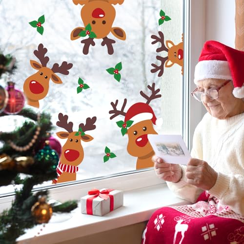 Christmas Wall Stickers Cute Reindeer Wall Decals Large Room Mural Stickers for Xmas Home Party Decor, 9.8 x 13.8 Inch, 4 Sheets
