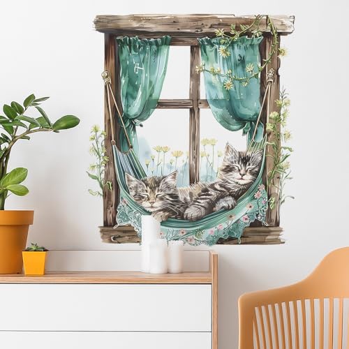 BooDecal 19.6 x 22.4 inches Cute Lazy Cats Fake Wooden Window Removable Wall Decals Flowers Wall Stickers for Childrens Playroom Nursery Bathroom