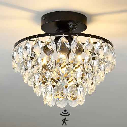 YYJLX Indoor Motion Sensor Ceiling Light Fixture Modern Cryatal Semi Flush Mount Ceiling Light Black Ovrehead Light Fixture for Porch Hallway Front Entryway Kitchen Hall Garage.