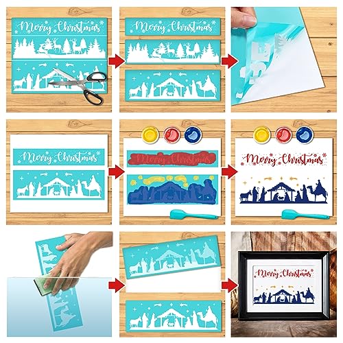 2PCS Christmas Silk Screen Stencil 11x8 Self-Adhesive Mesh Stencils Silkscreen Stencil for Chalk Paste with Reindeer Pine Tree for Printing on Wood Fabric Wall Cup Plate Glass Paper