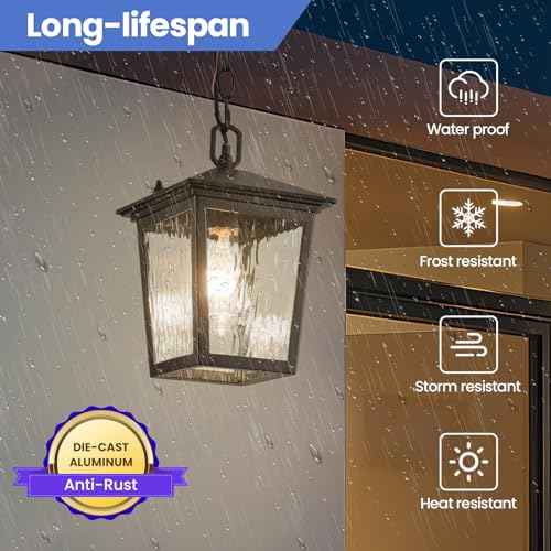 Outdoor Pendant Light, Black Outdoor Porch Light fixtures with Anti-Rust, Exterior Hanging Lantern, Height Adjustable Outside Chandelier with Water Glass for House Patio Garage