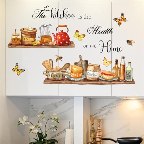 Bowl Kitchenware Utensil Shelf Wall Stickers, sacinora The Kitchen is the Heart of Home Butterfly Bee Wall Decal Removable Vinyl Peel and Stick for Kitchen Dining Restaurant Baking Room Bar Home Decor