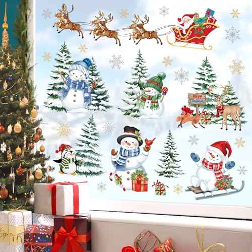 decalmile Christmas Winter Snowman Reindeer Window Clings Reusable Santa Claus Elk Xmas Tree Window Decals Double Side Printed Window Stickers Glass Door Home Party Shop Showcase Decoration