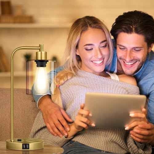 Industrial Touch Table Lamps Set of 2-2 USB Ports & AC Outlet Nightstand Lamps, 3-Way Dimmable Bedside Desk Lamp for Living Room Bedroom, Glass Shade & 2 LED Bulbs Included - Brass