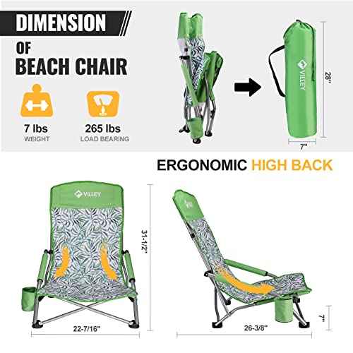 VILLEY Low Beach Chairs for Adults 2 Pack, High Back Folding Chairs, Lightweight and Portable for Outdoor, Camping, Lawn, with Cup Holder and Carry Bag - Green Tropical Leaves