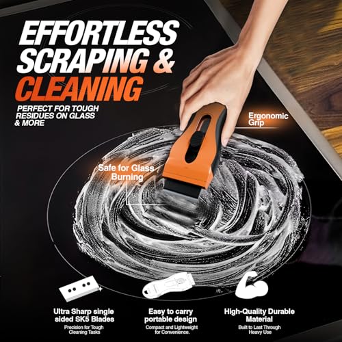 Razor Blade Scraper Tool | 18 Extra Blades, Unique Auto-Reload Mechanism, Dual Storage Compartment, cleaning razor scraper for Kitchen, Glass, Cooktop, Stovetop, Oven, Paint, Window, Sticker