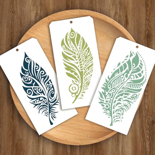 12 Pcs Painting Stencils, 12 Styles Feathers Pattern Stencil Templates Reusable Craft Templates for Painting on Wall Decor Fabric Wood Canvas