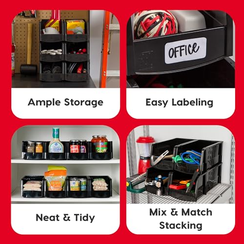 IRIS USA Large Stackable Storage Bins, 8-Pack, 13"L x 6"W x 5"H, |Made in USA|, Plastic Open Front Shelf Bin for Organizing Parts, Hardware, Tools, Supplies, Garage Shelf, Pantry - Black