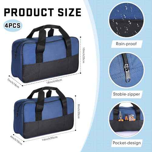 4 Pack 18 Inch & 14 Inch Waterproof Tool Bag with Zipper and Outside Pockets Wide Mouth Tool Tote Bag for Electrician Organizer Instrument, Electrician Carpenter Mechanic