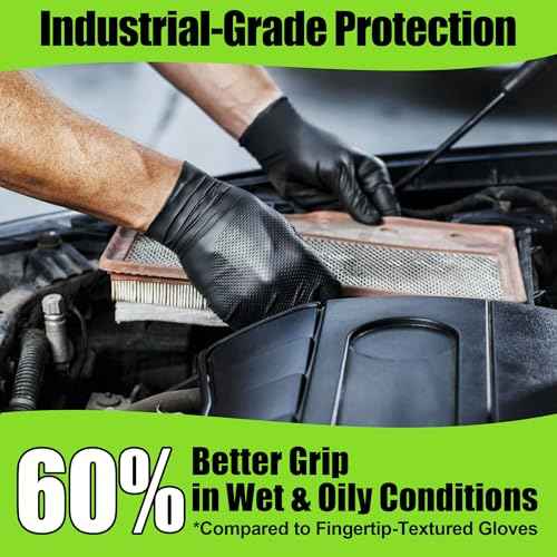 TREEGO 10 Mil Black Nitrile Gloves 100 Large, Extra Thick Disposable, Raised Diamond Grip, Latex & Powder Free ? Rubber Gloves Heavy Duty for Mechanic, Construction, Automotive