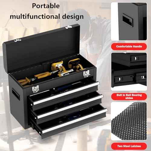 3 Drawer Metal Tool Box, Portable Metal Tool Box with EVC Liners and Latches Closure, Heavy Duty Steel Tool Chest with Ball Bearing Opening and Powder Coated Finish, Black