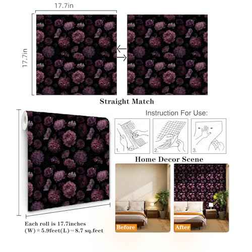 Dark Floral Peony Wallpaper Contact Paper for Cabinets and Drawers Renter Friendly Removable Gothic Waterproof Self Adhesive Botanical Vintage Thick Vinyl Bathroom Flower Walpaper 17.7"x 70.8"