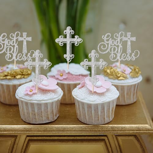 Rsstarxi 24 Pack Baptism Cupcake Toppers First Communion Cupcake Toppers Glitter Cross God Bless Cupcake Picks for Baby Shower Christian Baptism Party Cake Decorations Silver