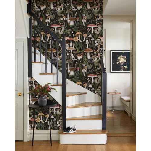 Simon&Siff Mushroom Peel and Stick Wallpaper Black Boho Contact Paper Removable Self Adhesive Wall Paper for Bedroom Bathroom Cabinet Countertop 17.3" x 80"