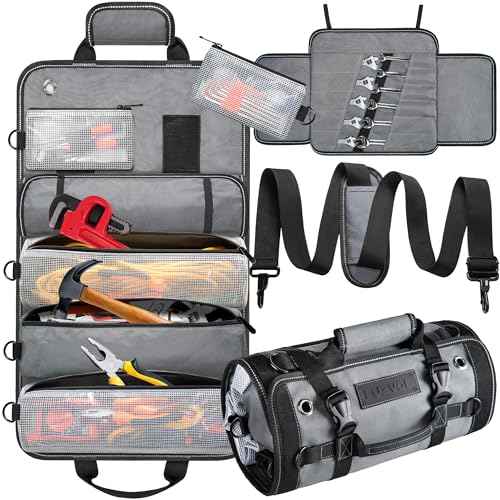 Tool Bag Roll Up Tool Organizer Bag Roll Up Tool Bag Organizer Tool Roll Bag with Small Detachable Tool Bags and Wrench Roll Up Pouch, Gifts for Men, Mechanic, Electrician, Grey