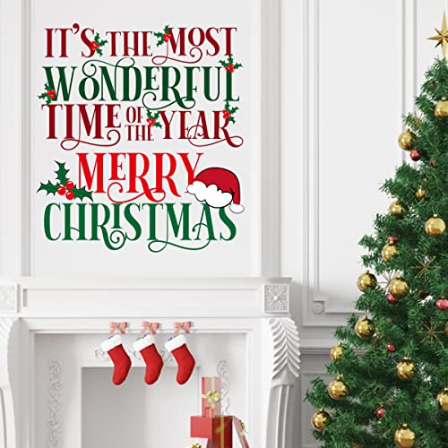 Removable Merry Christmas Wall Decal Stickers Happy New Year Festival Greating Wall Decor Art Decals Peel and Stick Living Room Bedroom Office Classroom Wall Decoration
